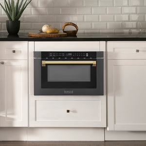 ZLINE Autograph Edition 24" 1.2 cu. ft. Built-in Microwave Drawer in Black Stainless Steel and Gold Accents