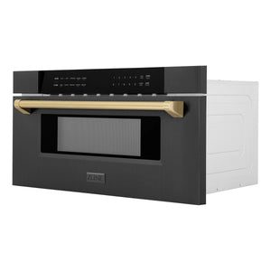 ZLINE Autograph Edition 30" 1.2 cu. ft. Built-in Microwave Drawer in Black Stainless Steel and Champagne Bronze Accents