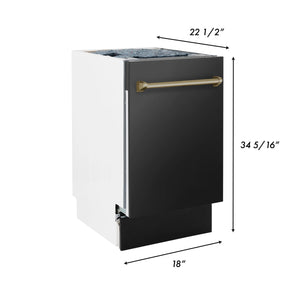 ZLINE Autograph Edition 18” Compact 3rd Rack Top Control Dishwasher in Black Stainless Steel with Champagne Bronze Handle, 51dBa (DWVZ-BS-18-CB)