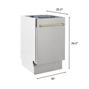 ZLINE Autograph Edition 18” Compact 3rd Rack Top Control Dishwasher in Stainless Steel with Champagne Bronze Handle, 51dBa (DWVZ-304-18-CB)