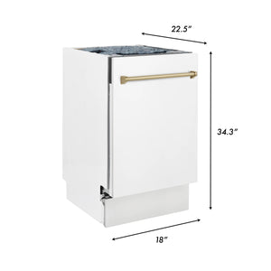 ZLINE Autograph Edition 18” Compact 3rd Rack Top Control Dishwasher in White Matte with Champagne Bronze Handle, 51dBa (DWVZ-WM-18-CB)