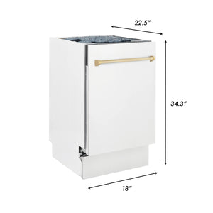 ZLINE Autograph Edition 18” Compact 3rd Rack Top Control Dishwasher in White Matte with Gold Handle, 51dBa (DWVZ-WM-18-G)