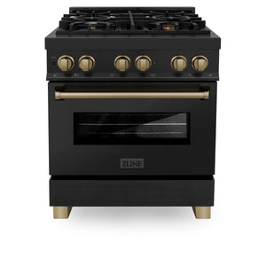 ZLINE 30" Autograph Edition Kitchen Package, Black Stainless Steel Dual Fuel Range, Range Hood, Dishwasher, Refrigeration, Champagne Bronze Accents