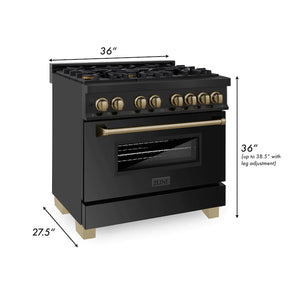 ZLINE Autograph Edition 36" 4.6 cu. ft. Dual Fuel Range, Gas Stove, and Electric Oven in Blk Stainless Steel with Champagne Bronze Accents