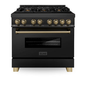 ZLINE Autograph Edition 36" 4.6 cu. ft. Dual Fuel Range, Gas Stove, and Electric Oven in Blk Stainless Steel with Champagne Bronze Accents