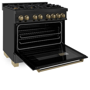 ZLINE Autograph Edition 36" 4.6 cu. ft. Dual Fuel Range, Gas Stove, and Electric Oven in Blk Stainless Steel with Champagne Bronze Accents