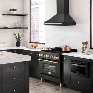 ZLINE 36" Autograph Edition Kitchen Package with Black Stainless Steel Dual Fuel Range, Range Hood, Dishwasher and Refrigeration with Gold Accents