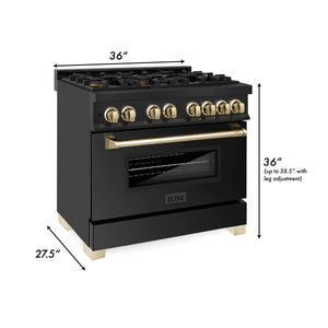 ZLINE 36" Autograph Edition Kitchen Package with Black Stainless Steel Dual Fuel Range, Range Hood, Dishwasher and Refrigeration with Gold Accents