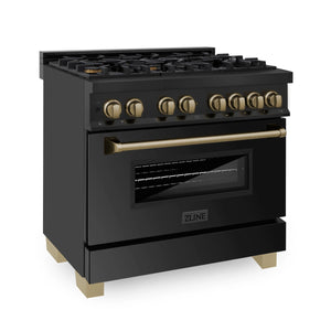 ZLINE Autograph Edition 36" 4.6 cu. ft. Dual Fuel Range, Gas Stove, and Electric Oven in Blk Stainless Steel with Champagne Bronze Accents