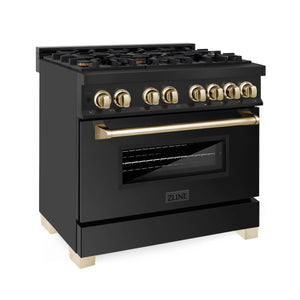 ZLINE 36" Autograph Edition Kitchen Package with Black Stainless Steel Dual Fuel Range, Range Hood, Dishwasher and Refrigeration with Gold Accents