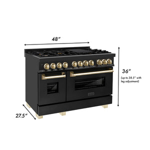 ZLINE Autograph Edition 48" 6.0 cu. ft. Dual Fuel Range with Gas Stove and Electric Oven in Black Stainless Steel with Gold Accents (RABZ-48-G)