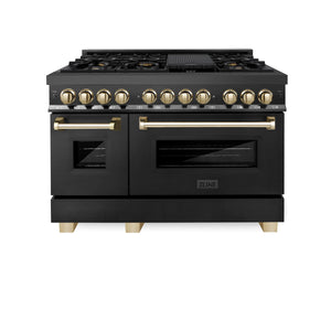 ZLINE Autograph Edition 48" 6.0 cu. ft. Dual Fuel Range with Gas Stove and Electric Oven in Black Stainless Steel with Gold Accents (RABZ-48-G)