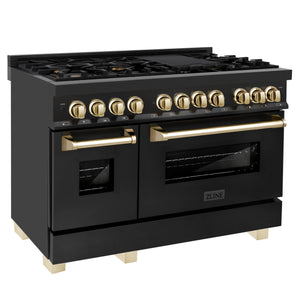 ZLINE 48" Autograph Edition Kitchen Package with Black Stainless Steel Dual Fuel Range, Range Hood, Dishwasher and Refrigeration with Gold Accents