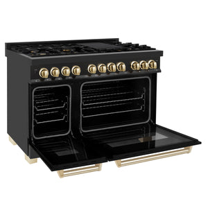 ZLINE 48" Autograph Edition Kitchen Package with Black Stainless Steel Dual Fuel Range, Range Hood, Dishwasher and Refrigeration with Gold Accents