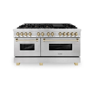 ZLINE Autograph Edition 60" 7.4 cu. ft. Dual Fuel Range with Gas Stove and Electric Oven in DuraSnow Stainless Steel with Gold Accents (RASZ-SN-60-G)