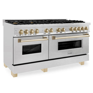 ZLINE Autograph Edition 60" 7.4 cu. ft. Dual Fuel Range with Gas Stove and Electric Oven in DuraSnow Stainless Steel with Gold Accents (RASZ-SN-60-G)