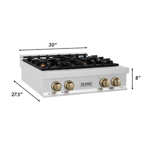 ZLINE Autograph Edition 30" Porcelain Rangetop with 4 Gas Burners in Fingerprint Resistant Stainless Steel and Champagne Bronze Accents (RTSZ-30-CB)