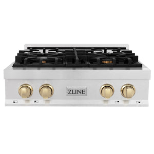 ZLINE Autograph Edition 30" Porcelain Rangetop with 4 Gas Burners in Fingerprint Resistant Stainless Steel and Gold Accents (RTSZ-30-G)