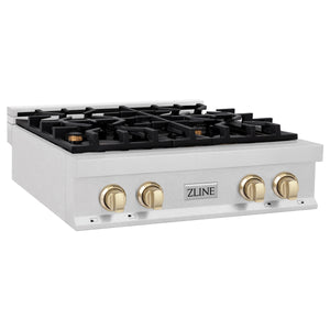 ZLINE Autograph Edition 30" Porcelain Rangetop with 4 Gas Burners in Fingerprint Resistant Stainless Steel and Gold Accents (RTSZ-30-G)