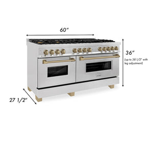 ZLINE Autograph Edition 60" 7.4 cu. ft. Dual Fuel Range, Gas Stove, Electric Oven in DuraSnow Stainless Steel, Champagne Bronze Accents