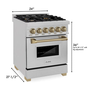 ZLINE Autograph Edition 24" 2.8 cu. ft. Dual Fuel Range, Gas Stove, Electric Oven in Fingerprint Resistant Stainless Steel, Champagne Bronze Accents