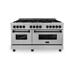 ZLINE Autograph Edition 60" 7.4 cu. ft. Dual Fuel Range, Gas Stove, Electric Oven in DuraSnow Stainless Steel, Matte Black Accents