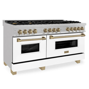 ZLINE Autograph Edition 60" 7.4 cu. ft. Dual Fuel Range, Gas Stove, Electric Oven in Stainless Steel, White Matte Door, Champagne Bronze Accents