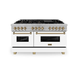 ZLINE Autograph Edition 60" 7.4 cu. ft. Dual Fuel Range, Gas Stove, Electric Oven in Stainless Steel, White Matte Door, Champagne Bronze Accents