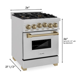 ZLINE Autograph Edition 24" 2.8 cu. ft. Range, Gas Stove, Gas Oven in Fingerprint Resistant Stainless Steel, Champagne Bronze Accents