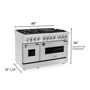 ZLINE Kitchen Package with Refrigeration, 48" Stainless Steel Dual Fuel Range, 48" Convertible Vent Range Hood and 24" Tall Tub Dishwasher