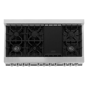 ZLINE Kitchen Package with Refrigeration, 48" Stainless Steel Dual Fuel Range, 48" Convertible Vent Range Hood and 24" Tall Tub Dishwasher