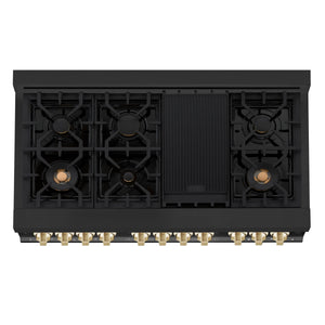 ZLINE Autograph Edition 48" 6.0 cu. ft. Dual Fuel Range with Gas Stove and Electric Oven in Black Stainless Steel with Gold Accents (RABZ-48-G)