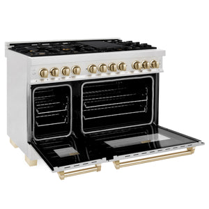 ZLINE Autograph Edition 48" 6.0 cu. ft. Dual Fuel Range, Gas Stove, Electric Oven in Stainless Steel, Gold Accents