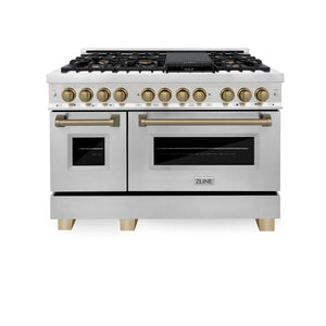 ZLINE 48" Autograph Edition Kitchen Package with Stainless Steel Dual Fuel Range, Range Hood, Dishwasher and Refrigeration with Champagne Bronze Accents