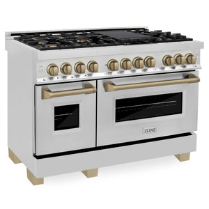 ZLINE 48" Autograph Edition Kitchen Package with Stainless Steel Dual Fuel Range, Range Hood, Dishwasher and Refrigeration with Champagne Bronze Accents