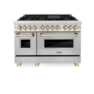 ZLINE 48" Autograph Edition Kitchen Package with Stainless Steel Dual Fuel Range, Range Hood, Dishwasher and Refrigeration with Gold Accents