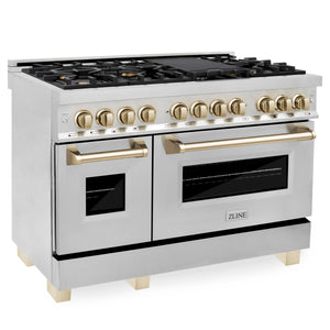 ZLINE 48" Autograph Edition Kitchen Package with Stainless Steel Dual Fuel Range, Range Hood, Dishwasher and Refrigeration with Gold Accents