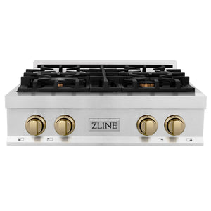 ZLINE Autograph Edition 30" Porcelain Rangetop with 4 Gas Burners in Fingerprint Resistant Stainless Steel and Champagne Bronze Accents (RTSZ-30-CB)