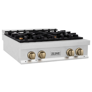 ZLINE Autograph Edition 30" Porcelain Rangetop with 4 Gas Burners in Fingerprint Resistant Stainless Steel and Champagne Bronze Accents (RTSZ-30-CB)