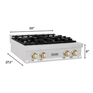 ZLINE Autograph Edition 30" Porcelain Rangetop with 4 Gas Burners in Fingerprint Resistant Stainless Steel and Gold Accents (RTSZ-30-G)