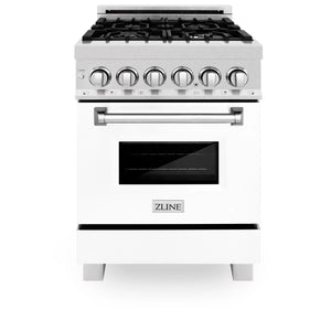 ZLINE 24" 2.8 cu. ft. Electric Oven, Gas Cooktop Dual Fuel Range, Griddle, White Matte Door in Fingerprint Resistant Stainless