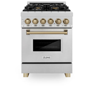 ZLINE Autograph Edition 24" 2.8 cu. ft. Dual Fuel Range, Gas Stove, Electric Oven in Fingerprint Resistant Stainless Steel, Champagne Bronze Accents