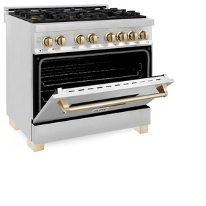 ZLINE Autograph Edition 36" 4.6 cu. ft. Dual Fuel Range with Gas Stove and Electric Oven in Stainless Steel with Gold Accents (RAZ-36-G)