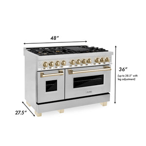 ZLINE 48" Autograph Edition Kitchen Package with Stainless Steel Dual Fuel Range, Range Hood, Dishwasher and Refrigeration with Gold Accents