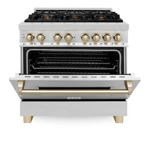 ZLINE 36" Autograph Edition Kitchen Package with Stainless Steel Dual Fuel Range, Range Hood, Dishwasher and Refrigeration with Gold Accents