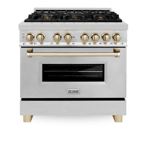 ZLINE 36" Autograph Edition Kitchen Package with Stainless Steel Dual Fuel Range, Range Hood, Dishwasher and Refrigeration with Gold Accents