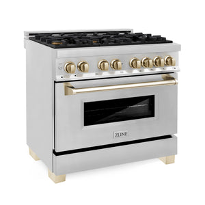 ZLINE Autograph Edition 36" 4.6 cu. ft. Dual Fuel Range with Gas Stove and Electric Oven in Stainless Steel with Gold Accents (RAZ-36-G)