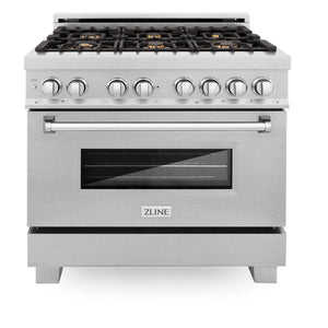 ZLINE 36" 4.6 cu. ft. Dual Fuel Range with Gas Stove and Electric Oven in Fingerprint Resistant Stainless Steel and Brass Burners (RAS-SN-BR-36)