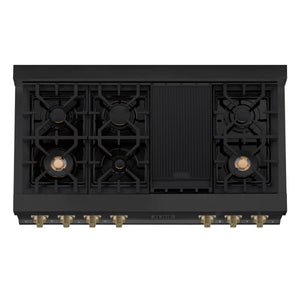 ZLINE Autograph Edition 48" Porcelain Rangetop with 7 Gas Burners in Black Stainless Steel and Champagne Bronze Accents (RTBZ-48-CB)