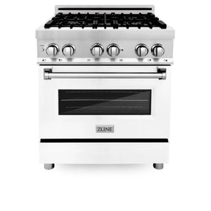 ZLINE 30" 4.0 cu. ft. Electric Oven and Gas Cooktop Dual Fuel Range with Griddle and White Matte Door in Stainless Steel (RA-WM-GR-30)